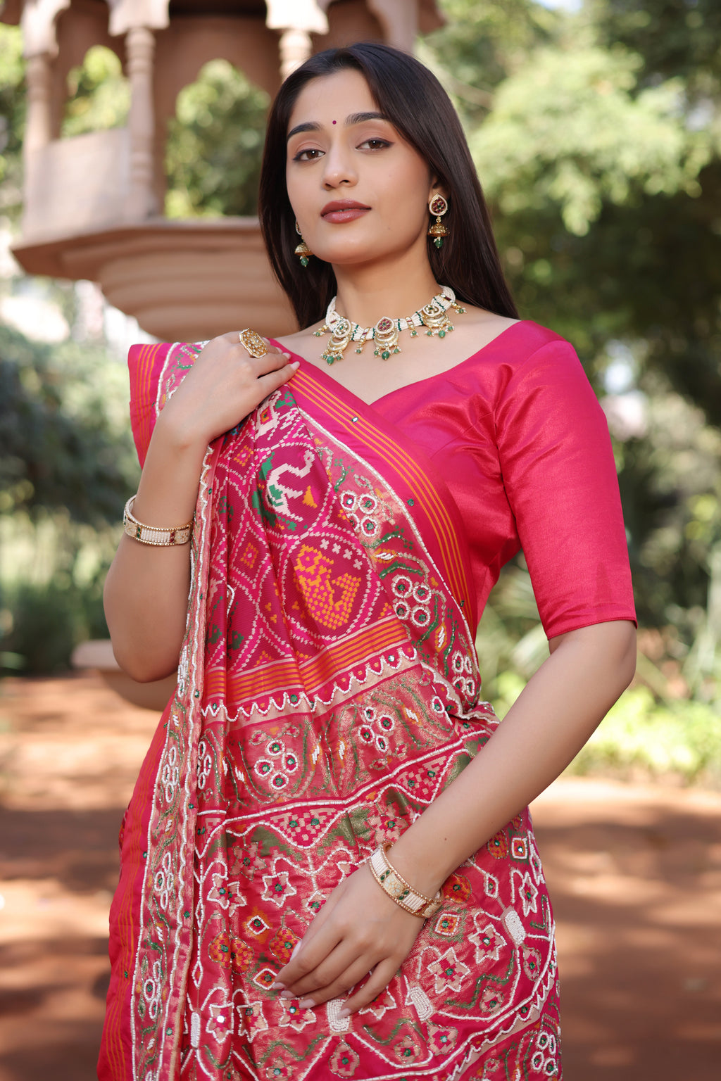 Pink Silk Traditional Patola Saree with Bead Work