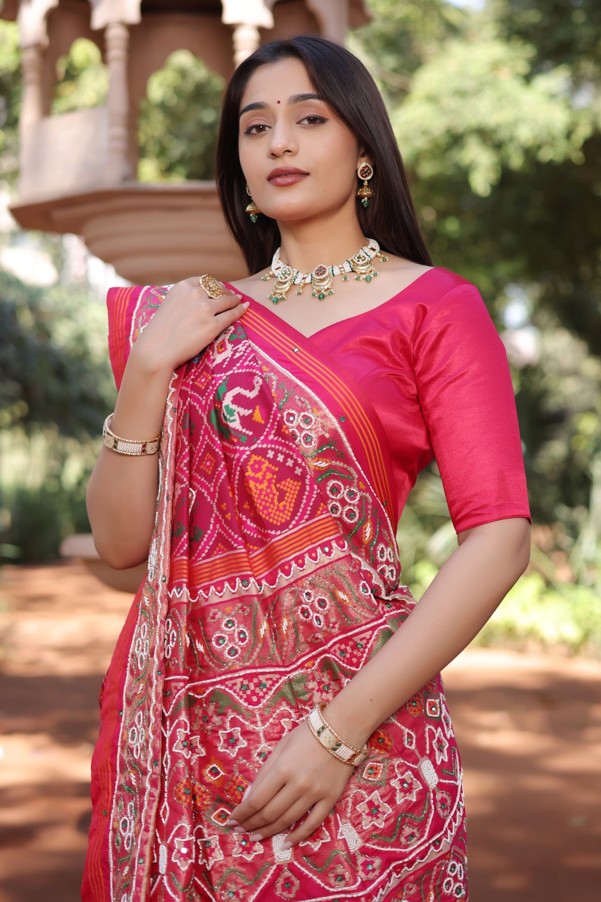 Pink Silk Traditional Patola Saree with Bead Work