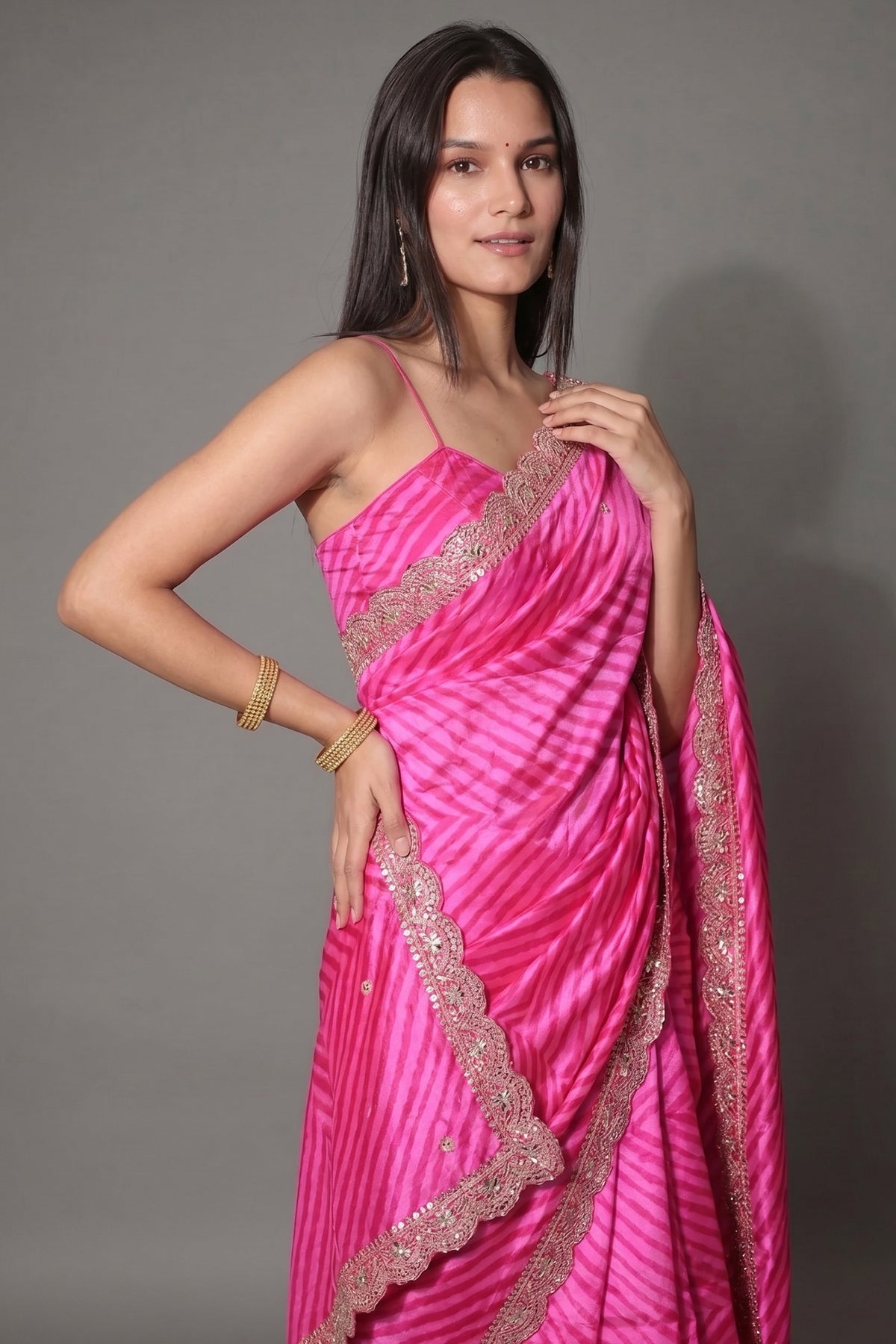 Pink Silk Leheriya Printed Saree with Applique Work Scallop Border