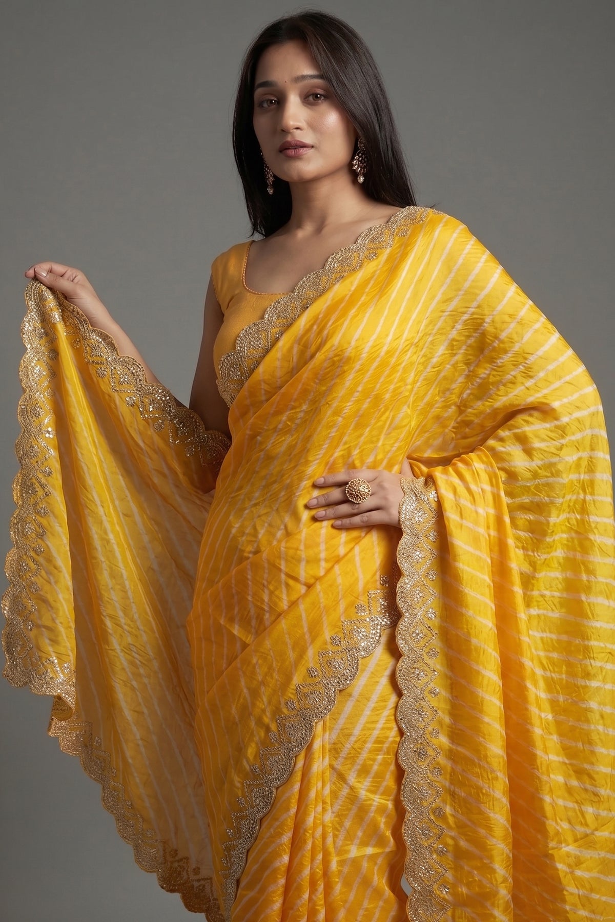 Yellow Silk Leheriya Printed Saree with Applique Scallop Border