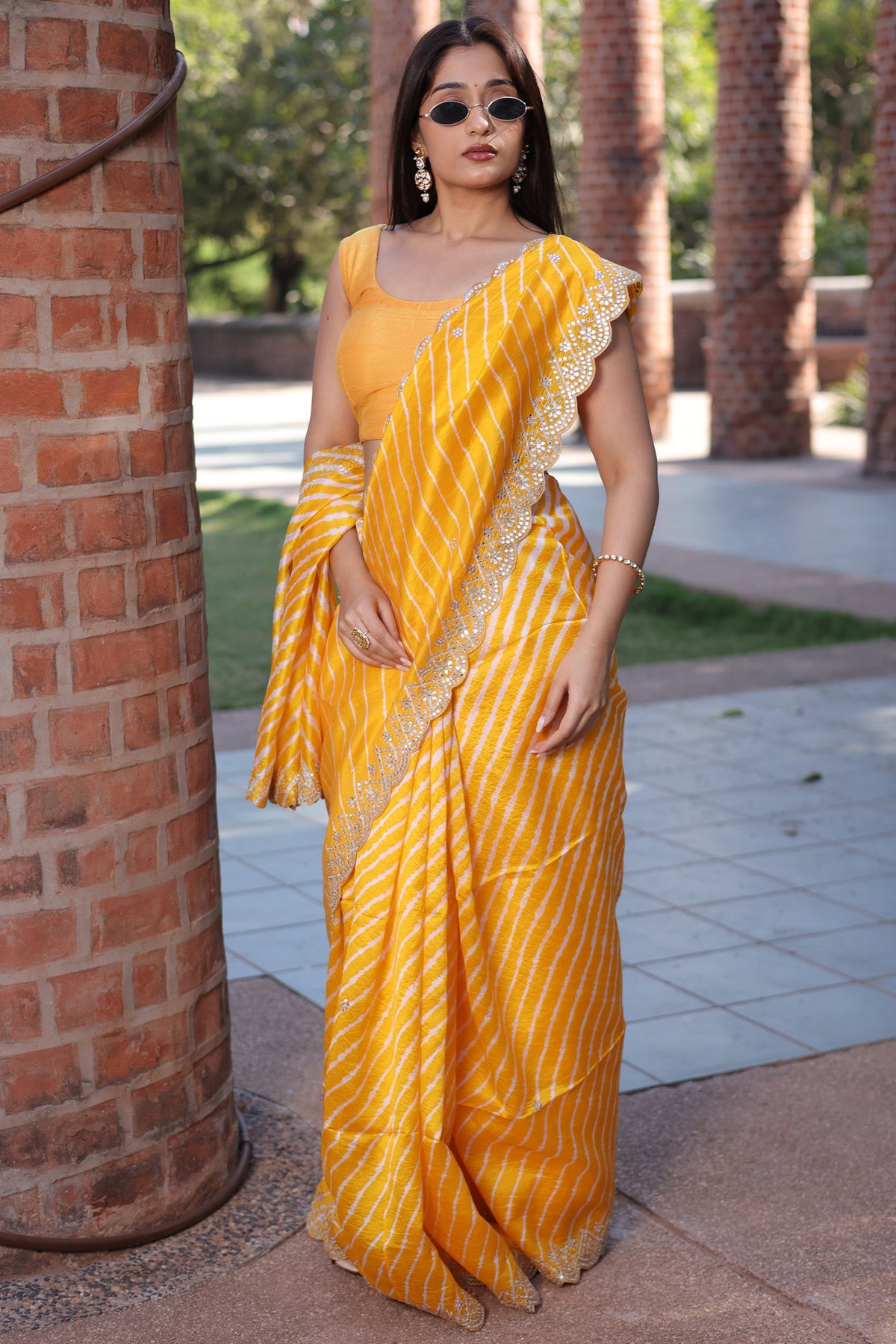 Yellow Silk Leheriya Printed Saree with Applique Scallop Border
