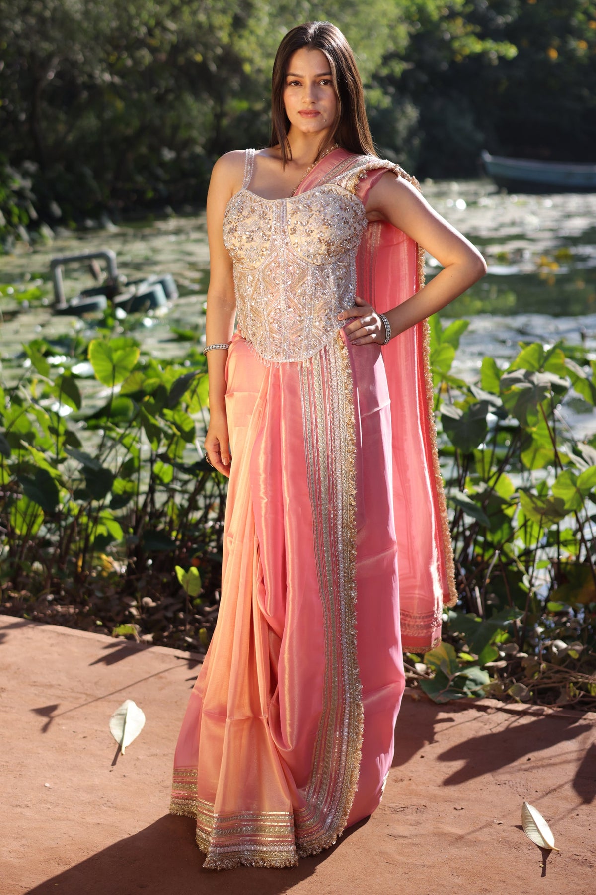 Coral Pink Organza Saree with Kiran Lace Border