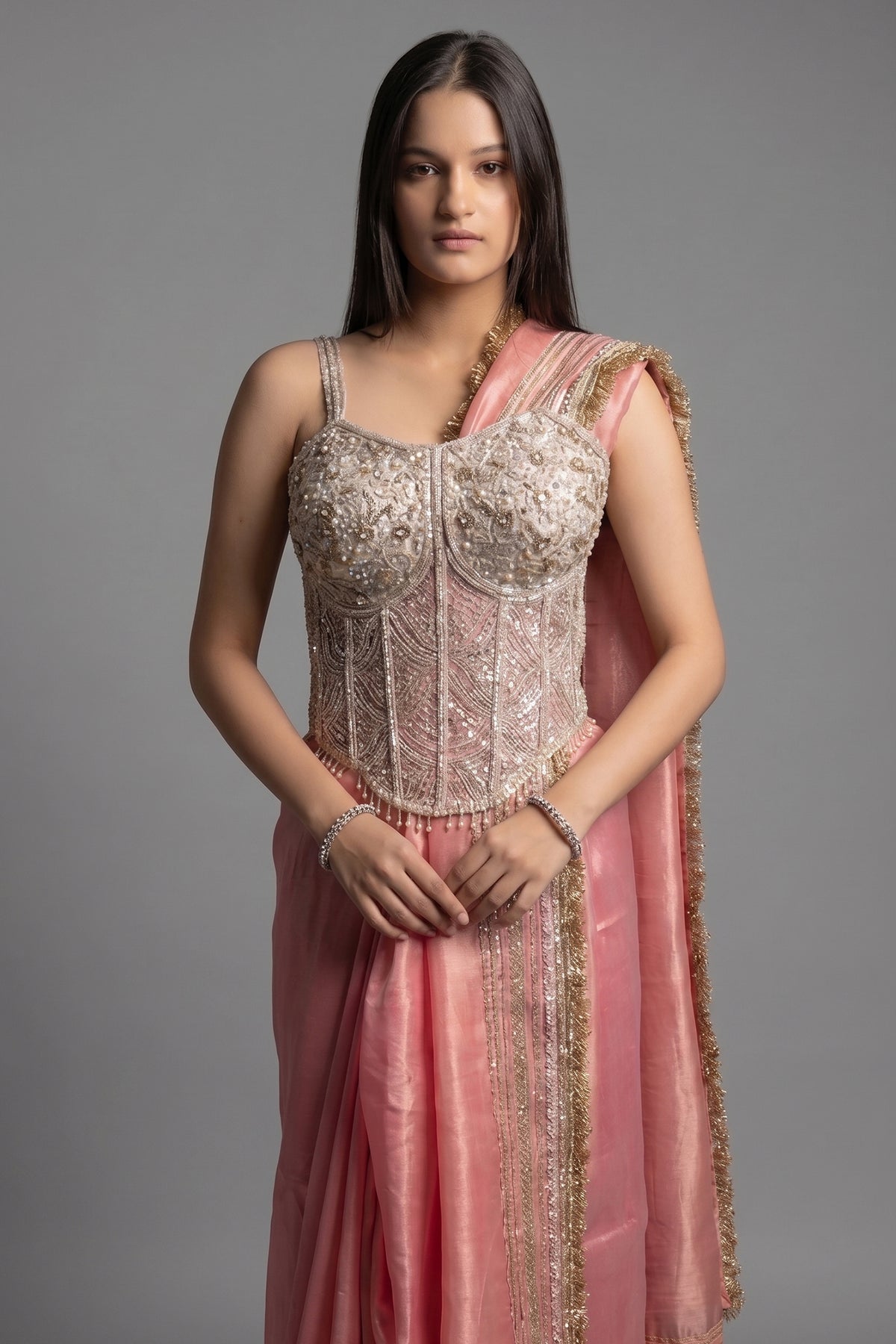Coral Pink Organza Saree with Kiran Lace Border