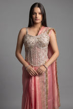 Coral Pink Organza Saree with Kiran Lace Border