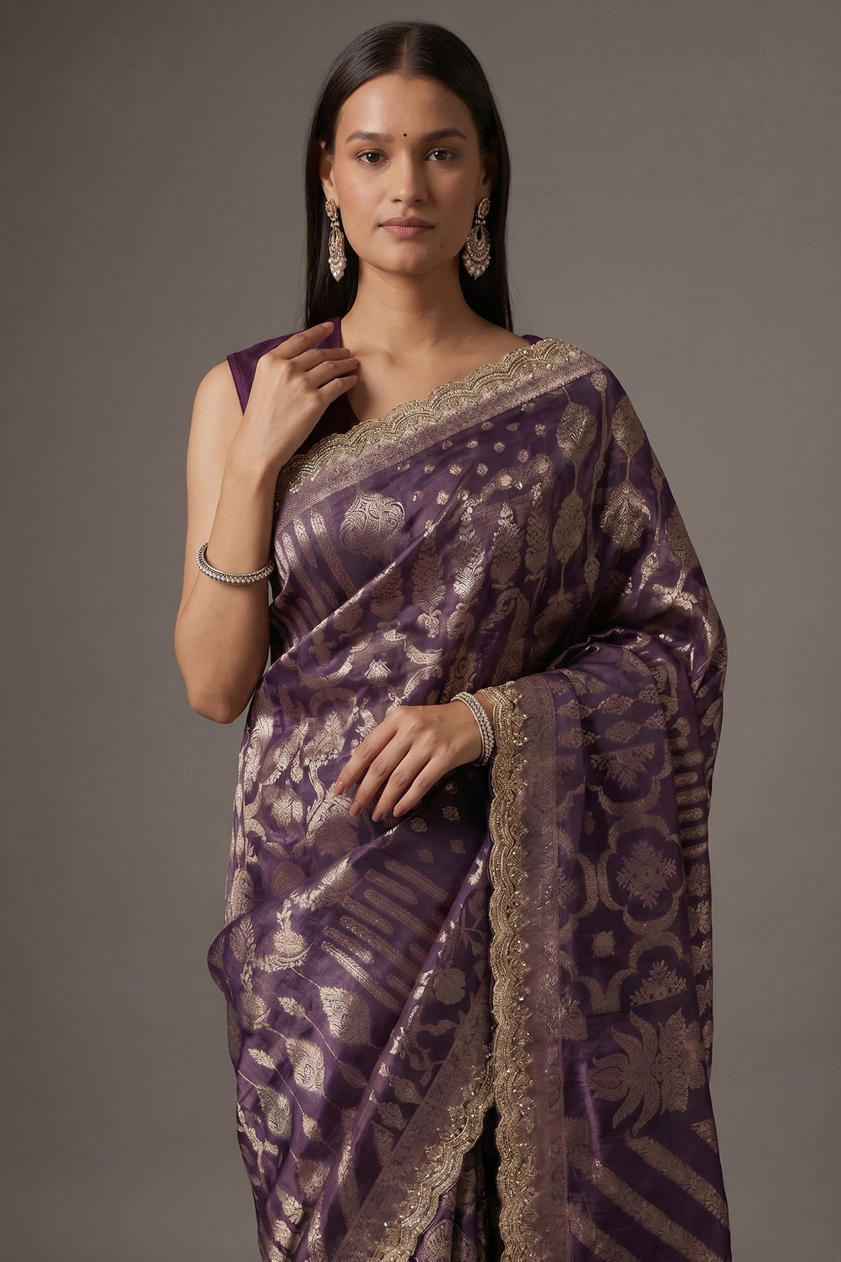 Purple Tissue Silk All Over Woven Saree with Scallop Cutdana Applique Border
