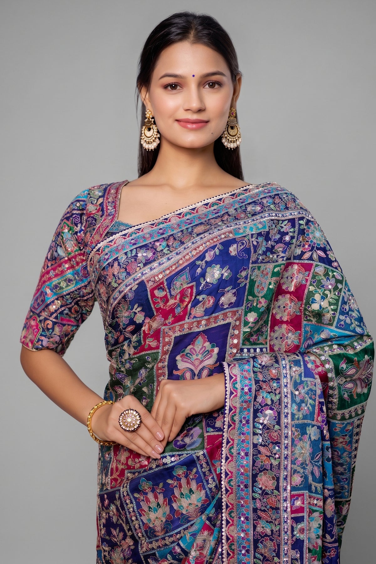 Blue Modal Silk Printed Saree with Sequin Embroidery Work