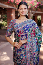 Blue Modal Silk Printed Saree with Sequin Embroidery Work