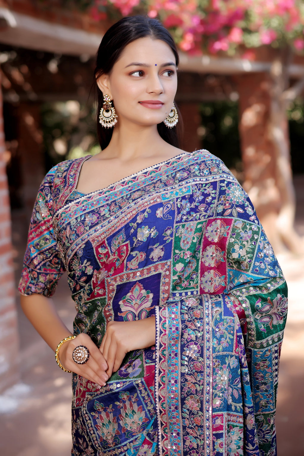 Blue Modal Silk Printed Saree with Sequin Embroidery Work