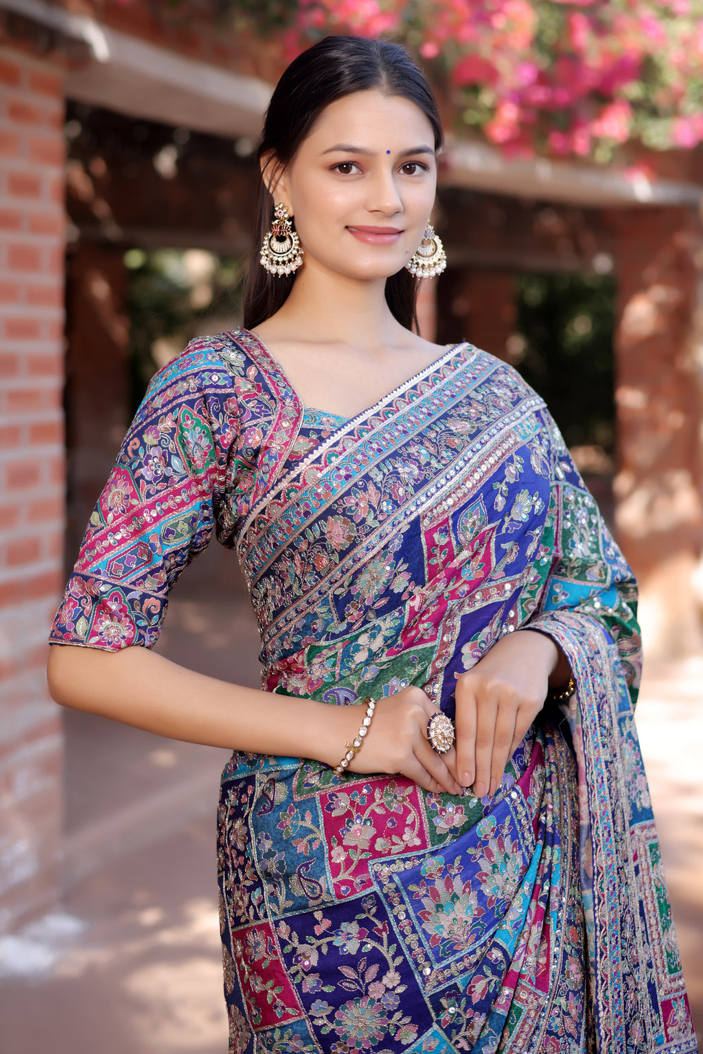 Blue Modal Silk Printed Saree with Sequin Embroidery Work