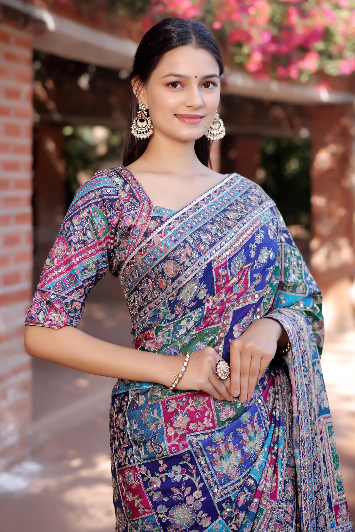 Blue Modal Silk Printed Saree with Sequin Embroidery Work