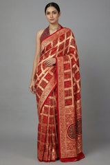 Red Modal Silk Checks Ajrakh Printed Saree
