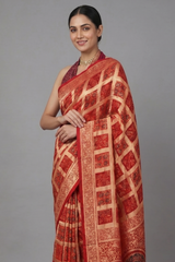 Red Modal Silk Checks Ajrakh Printed Saree