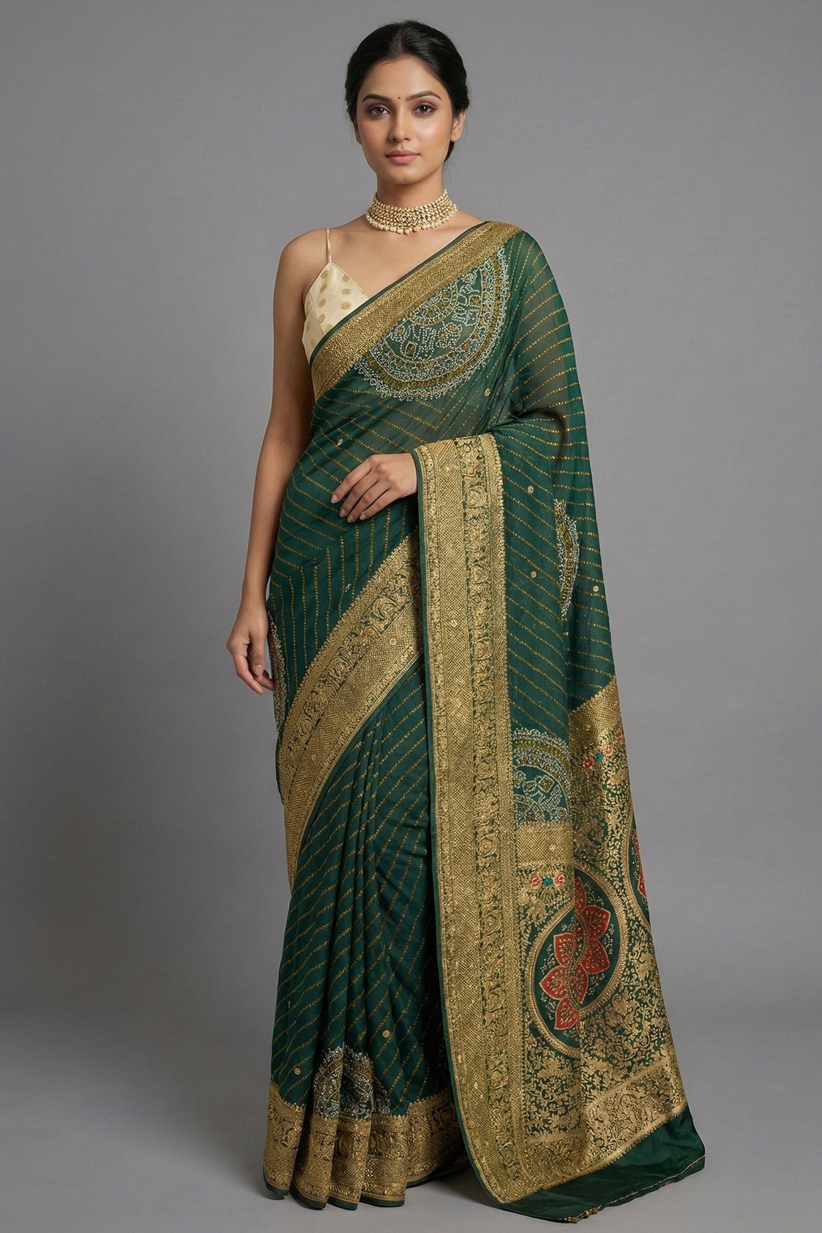 Green Georgette Printed Saree with Woven and Cutdana Worked Pallu