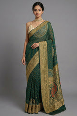 Green Georgette Printed Saree with Woven and Cutdana Worked Pallu