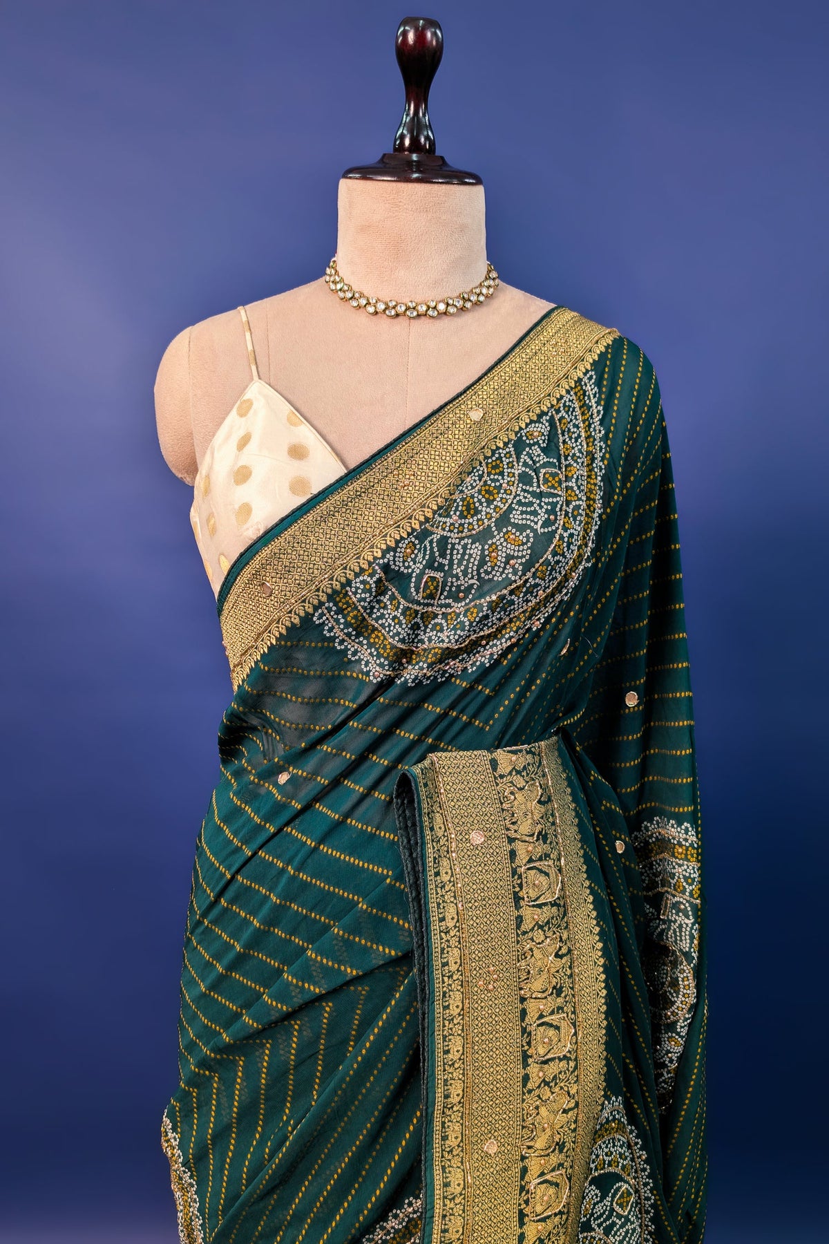 Green Georgette Printed Saree with Woven and Cutdana Worked Pallu