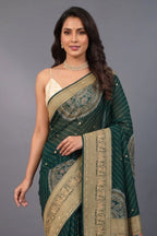 Green Georgette Printed Saree with Woven and Cutdana Worked Pallu