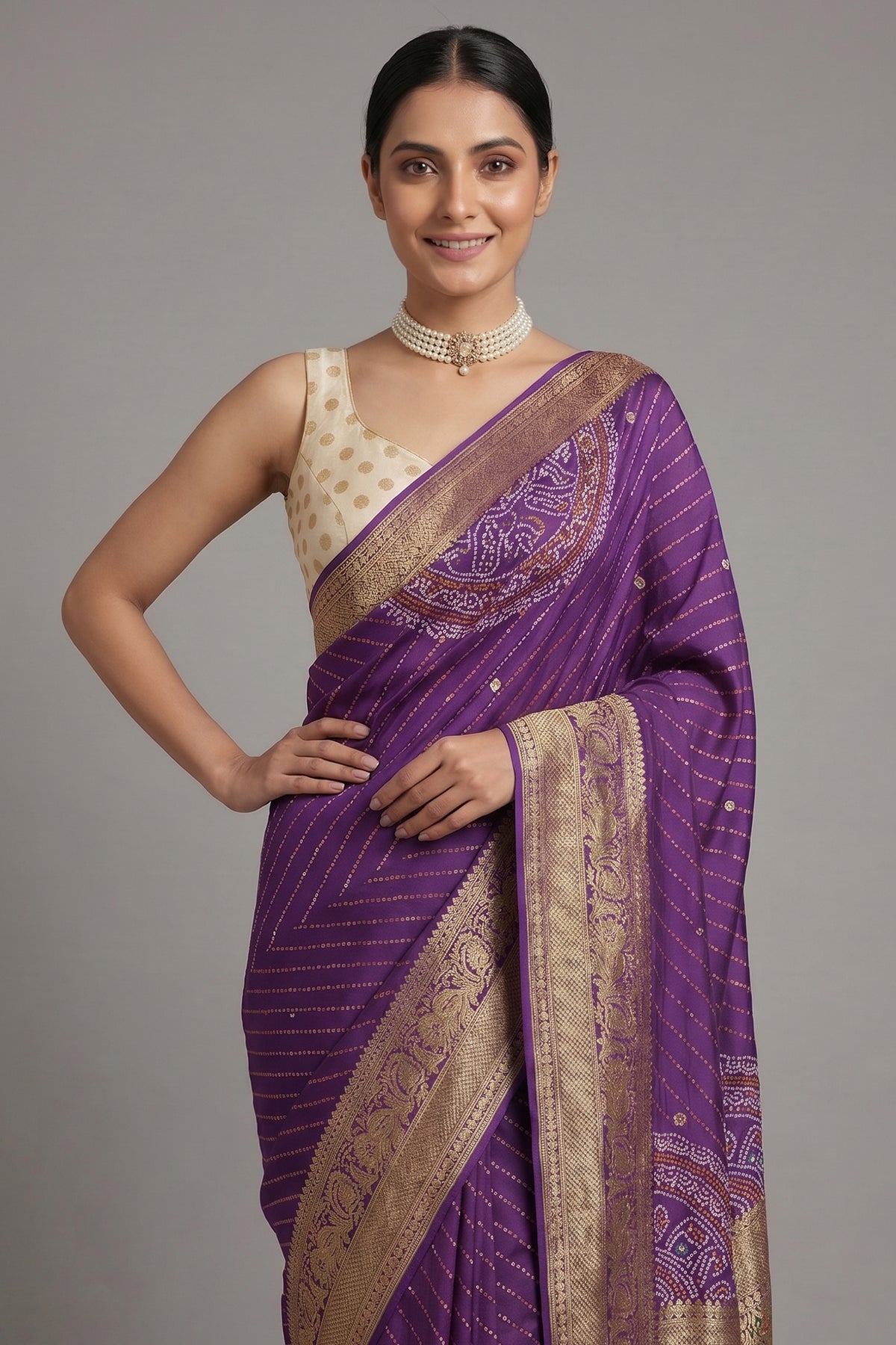Purple Georgette Printed Saree with Woven and Cutdana Worked Pallu