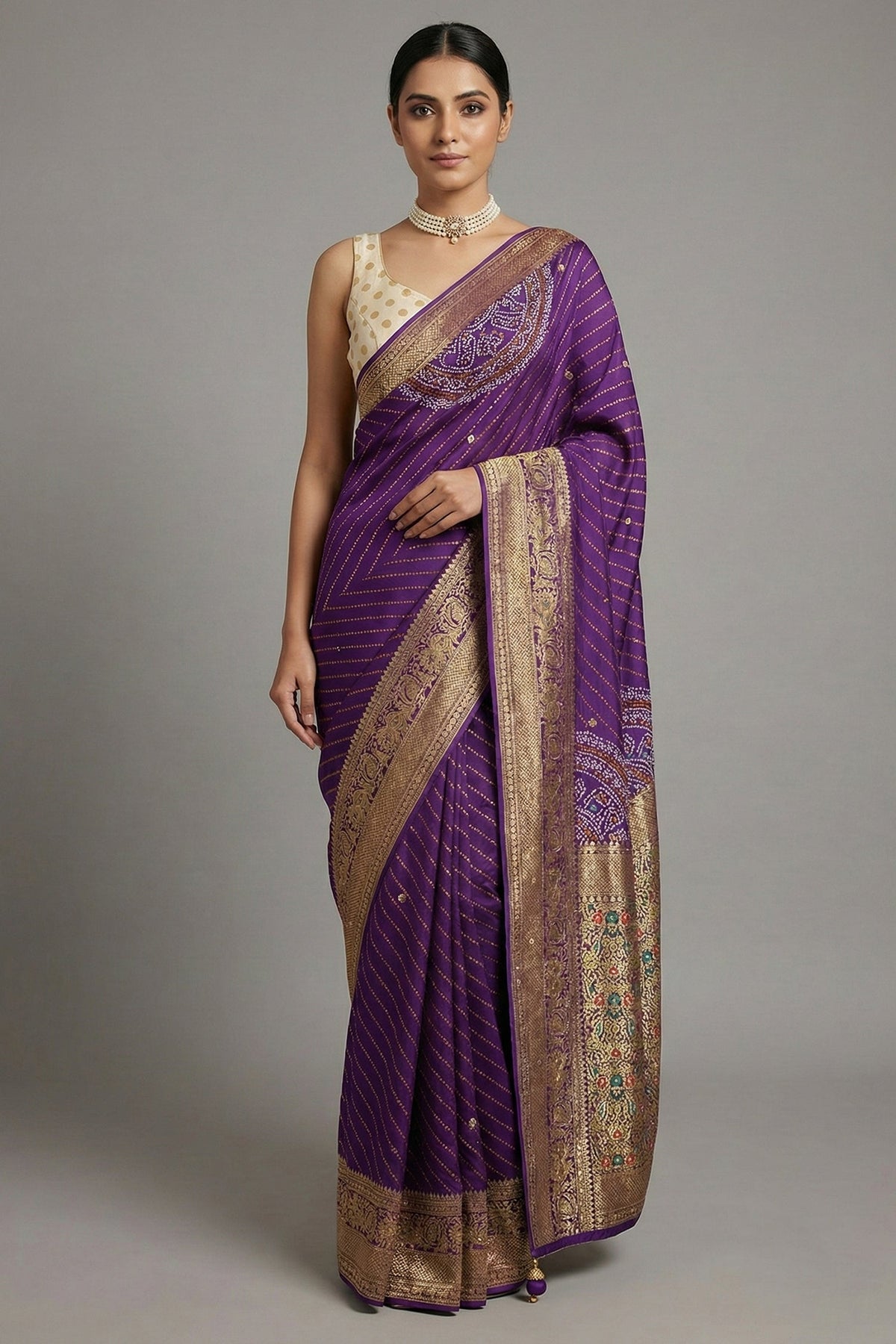 Purple Georgette Printed Saree with Woven and Cutdana Worked Pallu