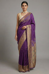 Purple Georgette Printed Saree with Woven and Cutdana Worked Pallu
