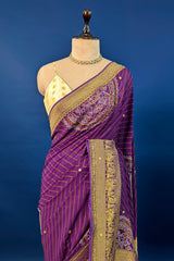 Purple Georgette Printed Saree with Woven and Cutdana Worked Pallu