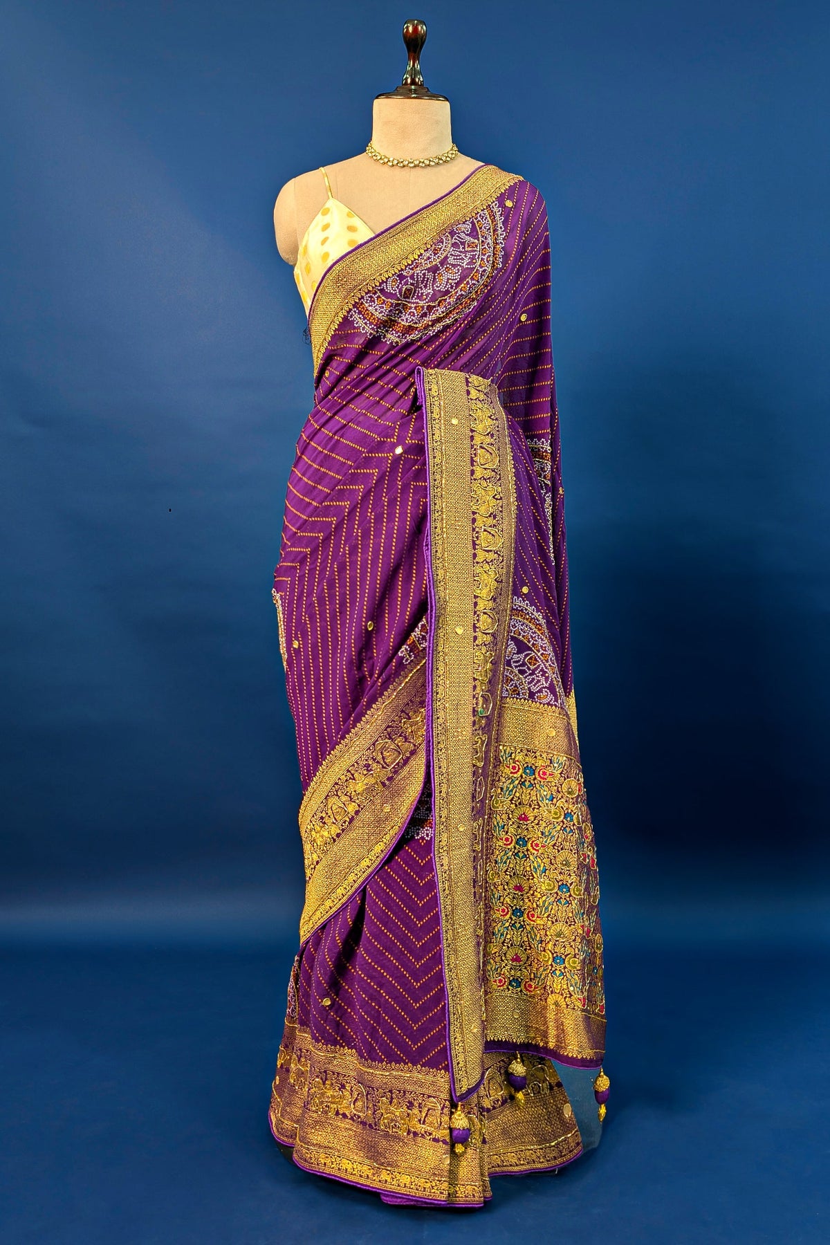 Purple Georgette Printed Saree with Woven and Cutdana Worked Pallu
