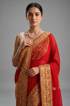 Red Georgette Printed Saree with Woven and Cutdana Worked Pallu