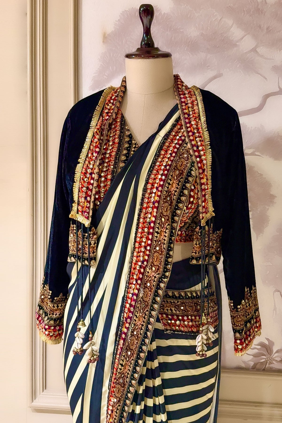 Pearl White Crepe Silk Stripes Printed Pre Draped Saree with Jacket