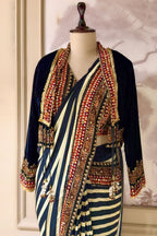 Pearl White Crepe Silk Stripes Printed Pre Draped Saree with Jacket