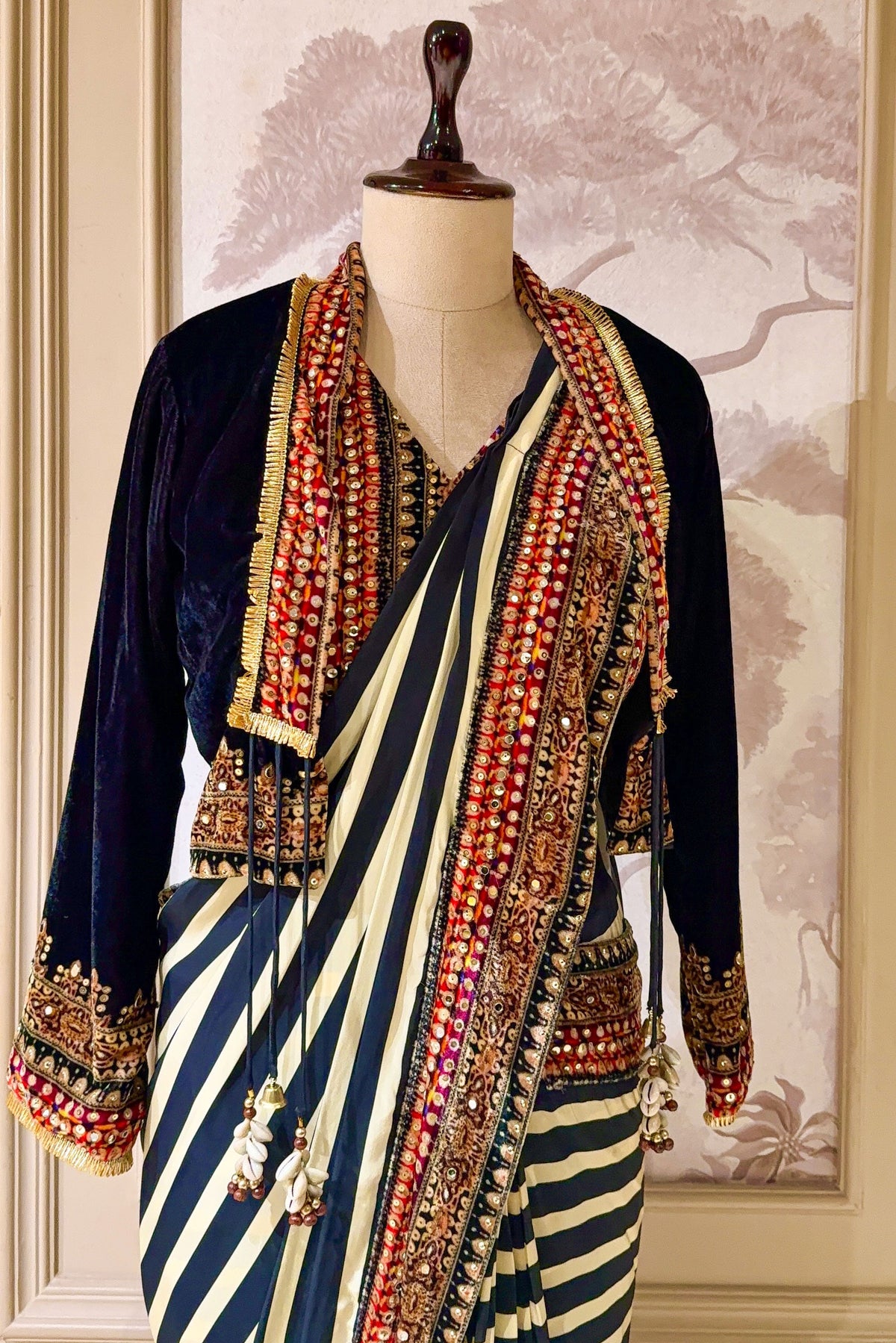 Pearl White Crepe Silk Stripes Printed Pre Draped Saree with Jacket