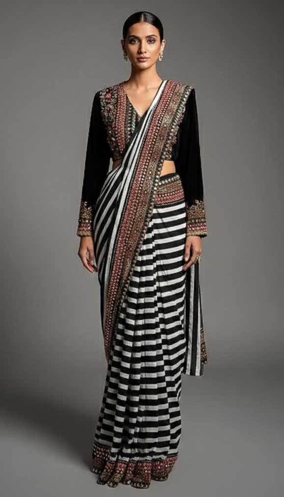 Pearl White Crepe Silk Stripes Printed Pre Draped Saree with Jacket