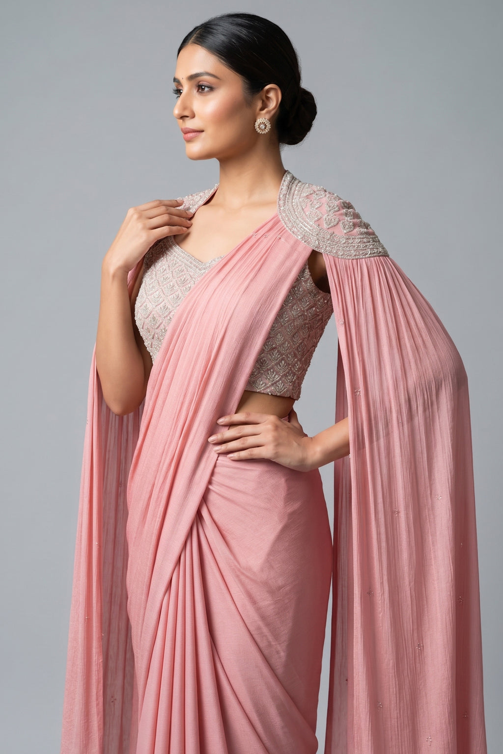 Pink Chinon Silk Sequin Worked Pre Draped Saree with Cape