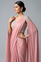 Pink Chinon Silk Sequin Worked Pre Draped Saree with Cape
