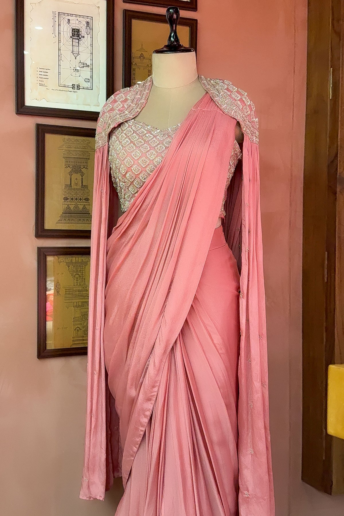 Pink Chinon Silk Sequin Worked Pre Draped Saree with Cape