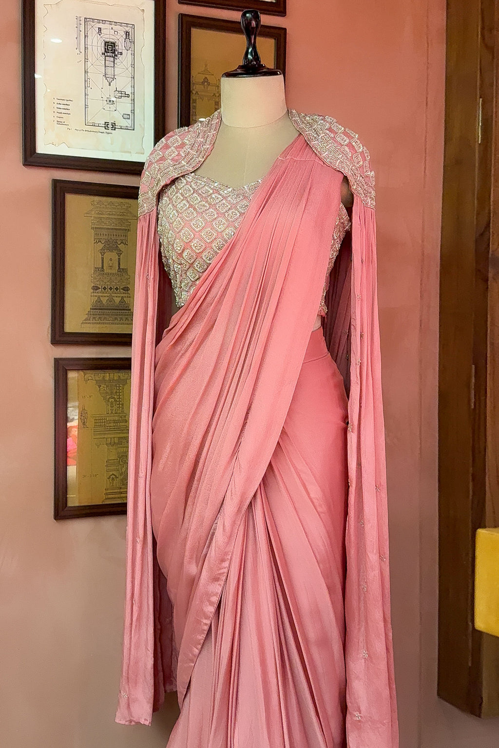 Pink Chinon Silk Sequin Worked Pre Draped Saree with Cape