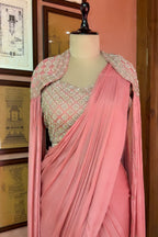 Pink Chinon Silk Sequin Worked Pre Draped Saree with Cape