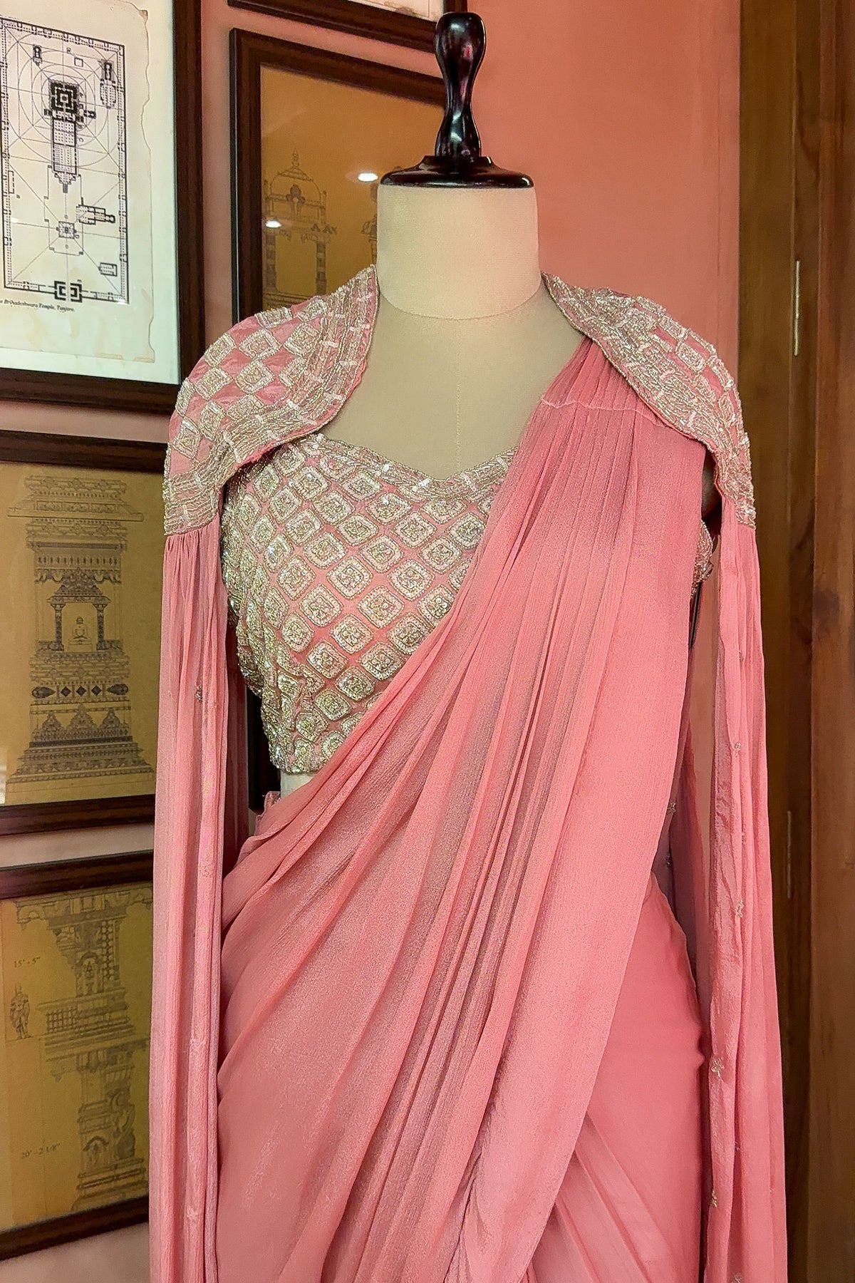 Pink Chinon Silk Sequin Worked Pre Draped Saree with Cape