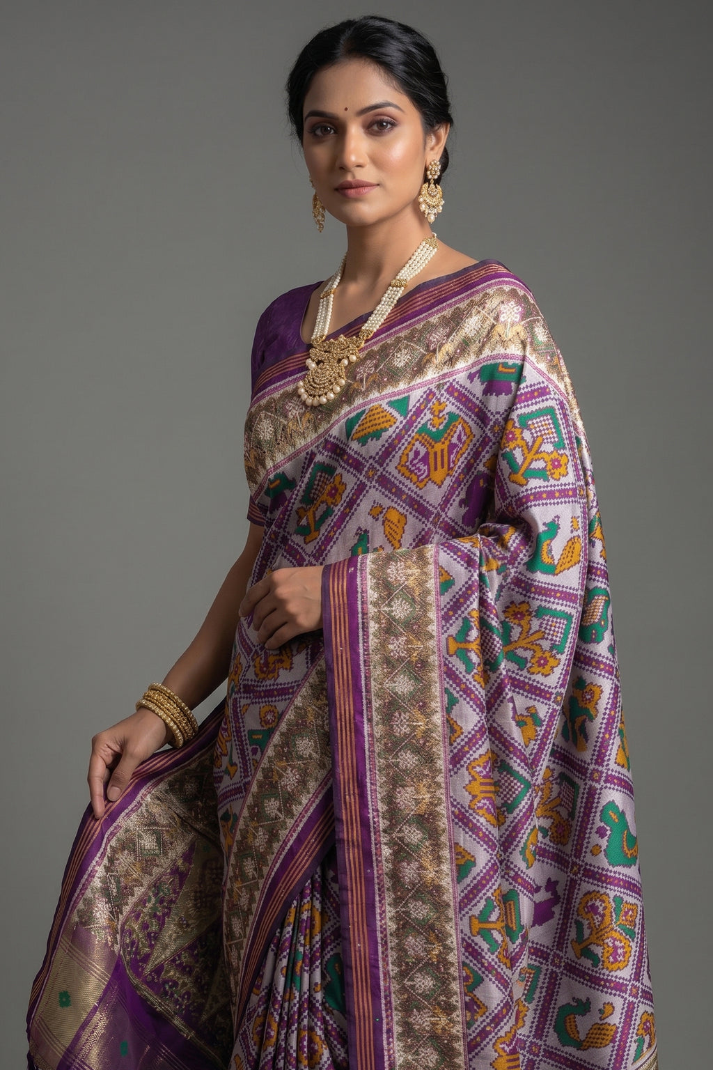 Off White and Purple Silk Traditional Checks Patola Saree