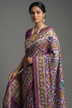 Off White and Purple Silk Traditional Checks Patola Saree
