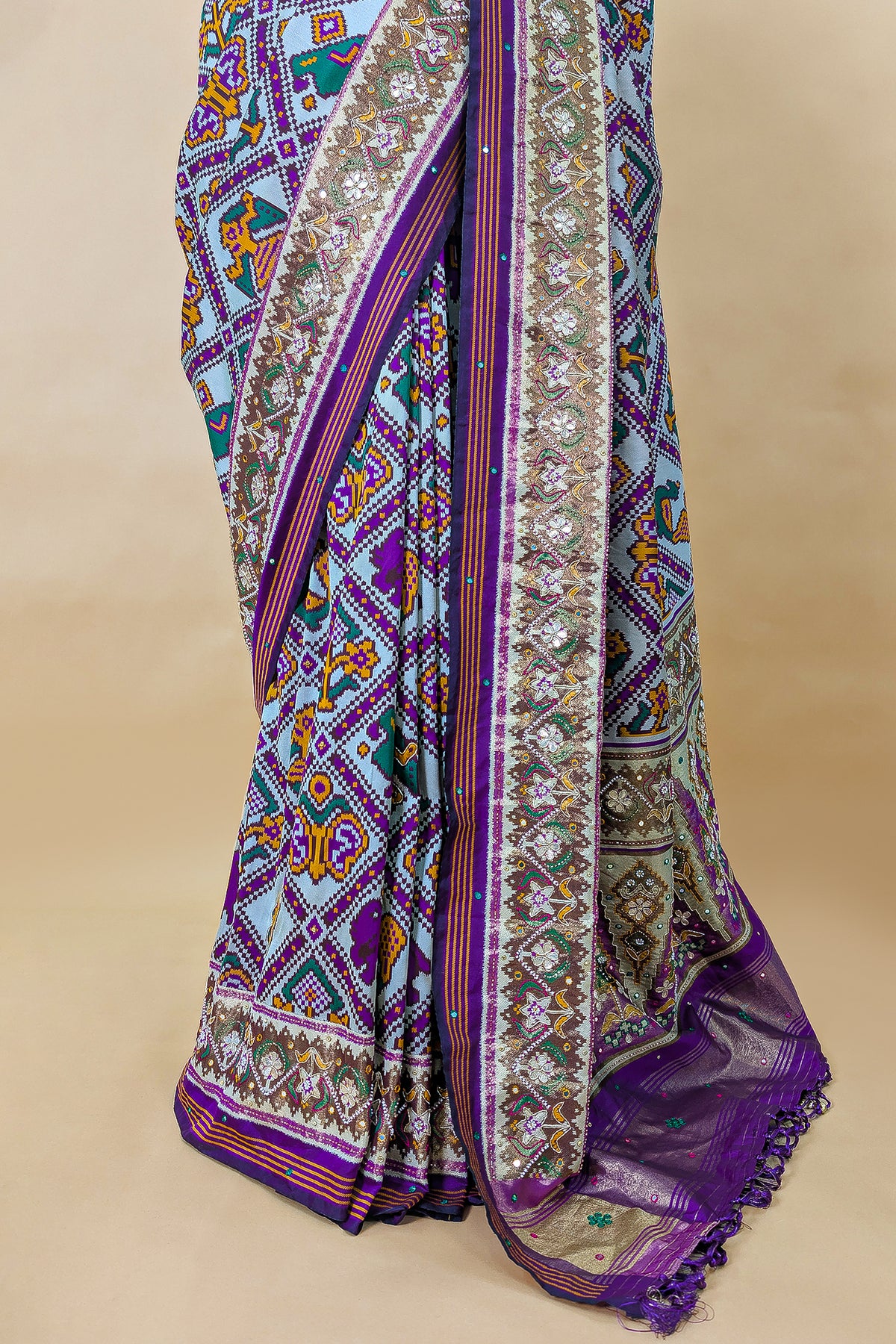Off White and Purple Silk Traditional Checks Patola Saree