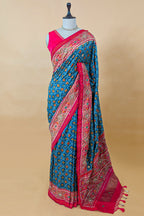 Blue Silk Traditional Woven Checks Woven Saree with Contrast Pallu and Border