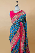 Blue Silk Traditional Woven Checks Woven Saree with Contrast Pallu and Border