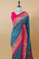 Blue Silk Traditional Woven Checks Woven Saree with Contrast Pallu and Border