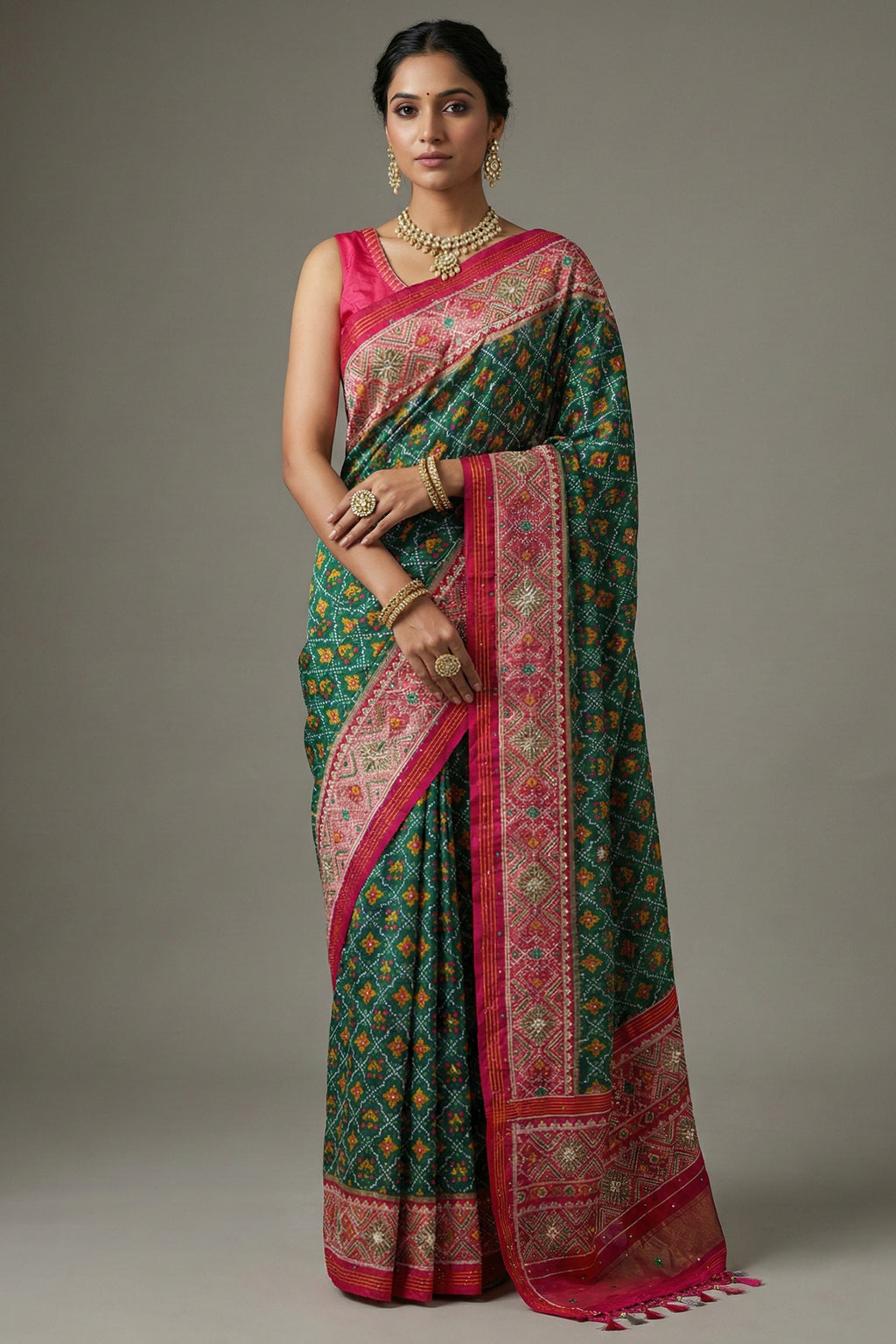 Dark Green Silk Traditional Woven Saree with Contrast Border and Pallu