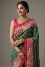 Dark Green Silk Traditional Woven Saree with Contrast Border and Pallu