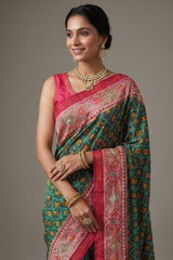 Dark Green Silk Traditional Woven Saree with Contrast Border and Pallu