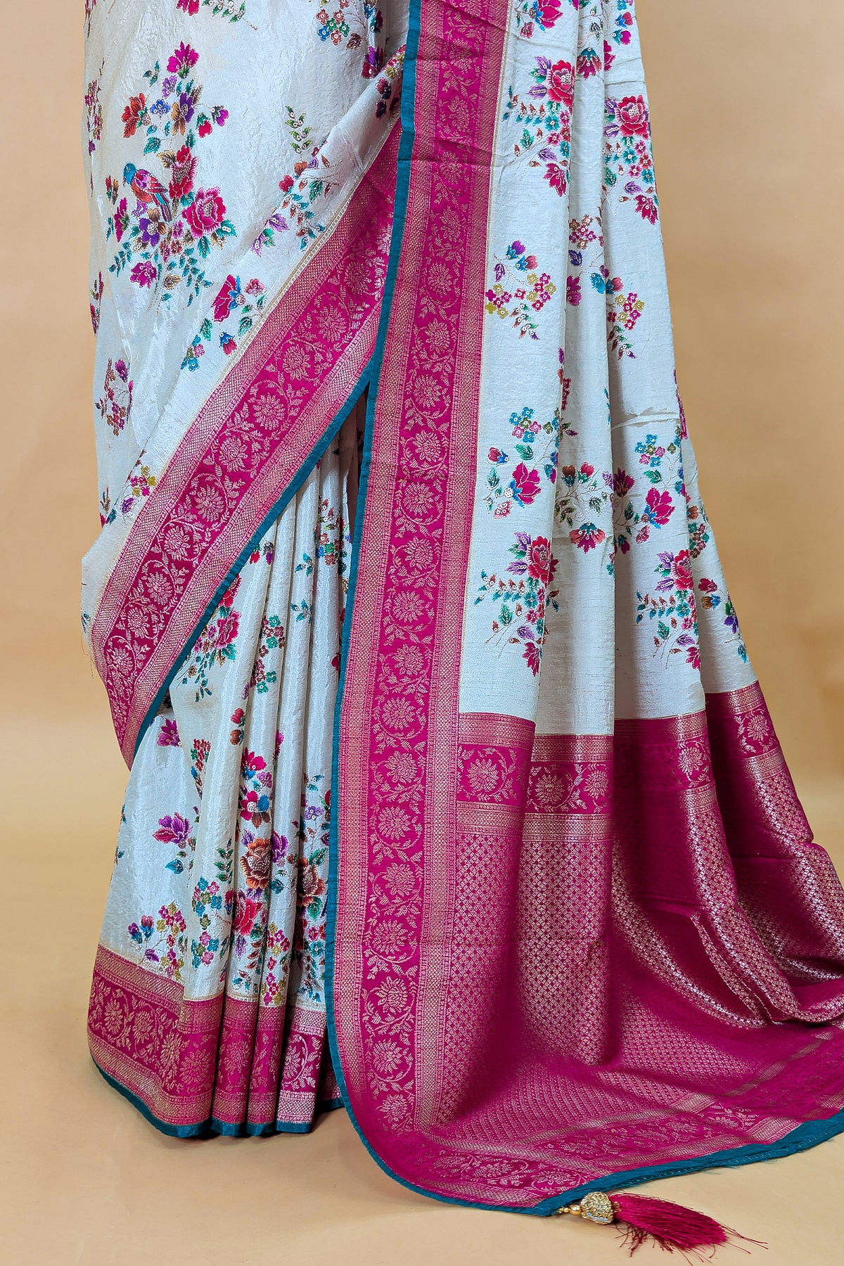 Off White Dola Silk Floral and Bird Motif Saree with Contrast Woven Border and Pallu