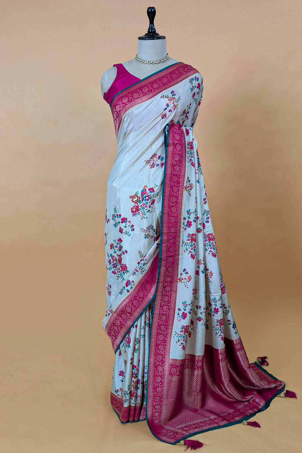 Off White Dola Silk Floral and Bird Motif Saree with Contrast Woven Border and Pallu