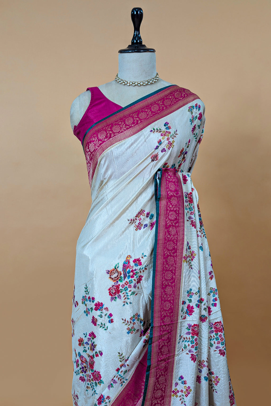 Off White Dola Silk Floral and Bird Motif Saree with Contrast Woven Border and Pallu