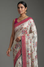 Off White Dola Silk Floral and Bird Motif Saree with Contrast Woven Border and Pallu