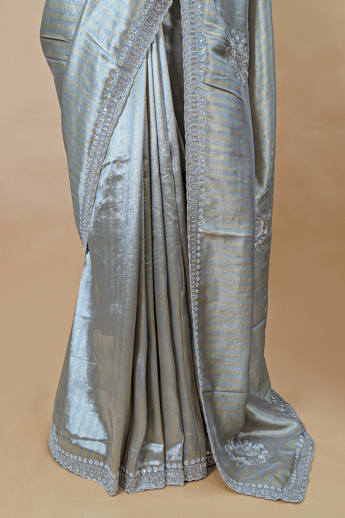 Golden and Silver Tissue Silk Stripe Saree with Sequin and Bead Work